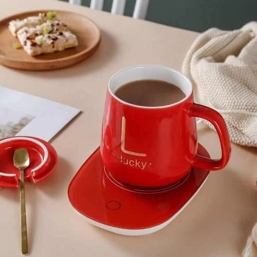Electric Ceramic Coffee Cup Heater 250ml with Lid and Spoon (Red)